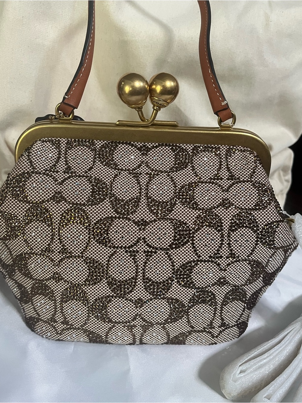 Coach Brown Signature Kiss-Lock Frame (16) comes with tags, strap, dust bag. New - Picture 5 of 7